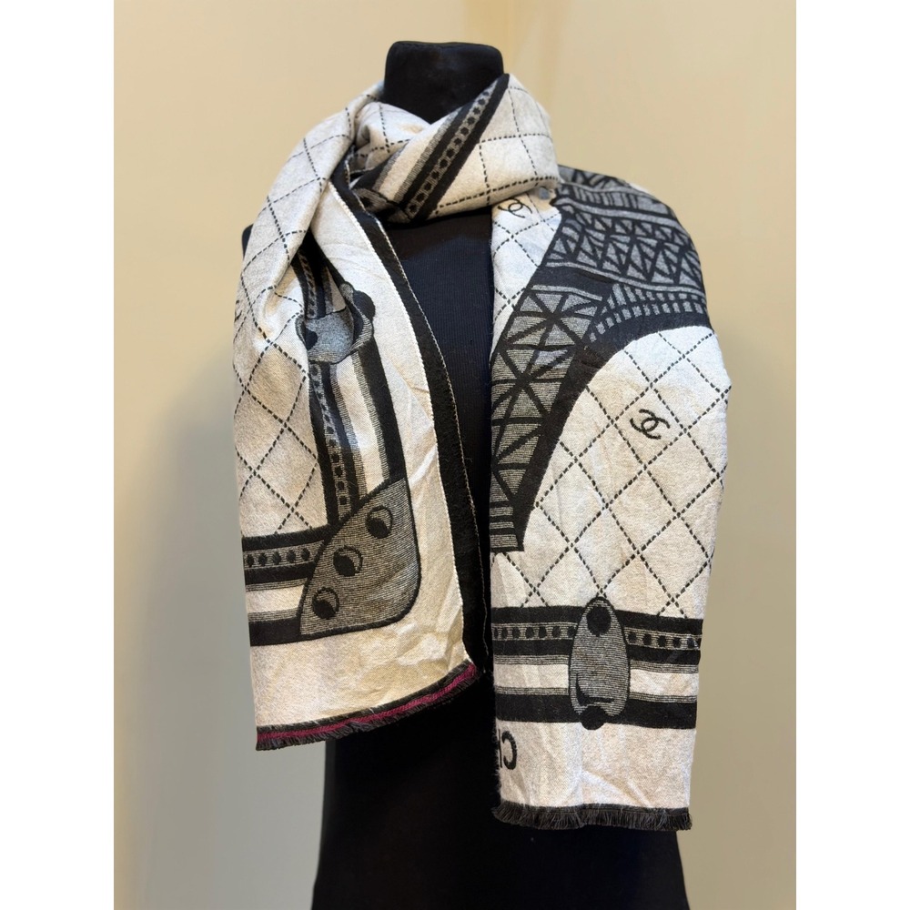Chanel Eiffel Tower Quilted CC Logo Wool Scarf Black White Made in France